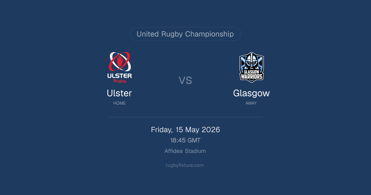Ulster vs Glasgow, Fri, 15 May 2026 | Rugby Fixture