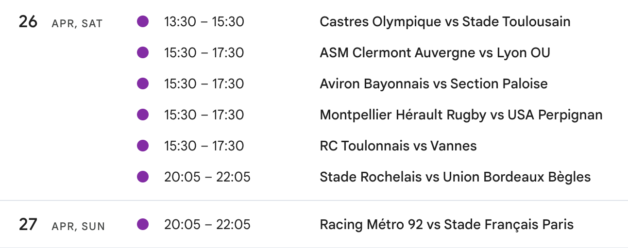 Top14 fixtures in Google Calendar